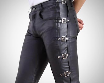 Handmade Men&#39;s Black Leather Buckle Pants - Slim Fit Faux Leather Trousers, High Waisted Motorcycle Pants, Biker Leather Pant, Gift for Him