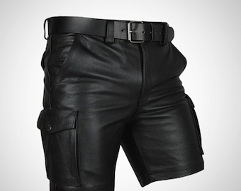Pantaloncini cargo neri da motociclista in vera pelle da uomo, pantaloncini in pelle per adulti, abbigliamento da festival, pantaloncini stile Edge, pantaloncini da palestra, regalo per lui