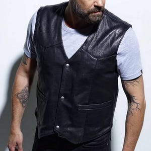 Men&#39;s Black Cowhide Leather Vest - Classic Western Biker Vest, Motorcycle Club Vest, Vintage Leather Waistcoat, Handmade Riding Vest for Men