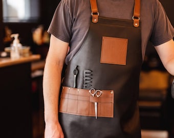 Personalized Leather Barber Apron | Professional Hairdresser Apron with Pockets | Adjustable Salon Stylist Apron | Durable & Stylish Gift.