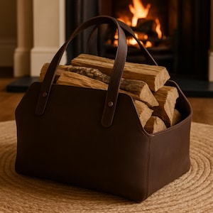 May include: A brown leather firewood carrier with a handle, filled with cut logs. The carrier has a rectangular shape and is sitting on a woven mat. The background features a fireplace with a burning fire.