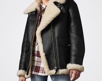 Women&#39;s Sheepskin Leather Aviator Jacket Black Winter Coat, Oversized Shearling Bomber, Ladies Fur Pilot Jacket, Warm Leather Flight Jacket