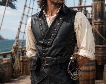 Gilet de pirate en cuir pour homme, costume de reconstitution historique fait main, gilet médiéval pour GN, gilet de cosplay viking en cuir pleine fleur vieilli