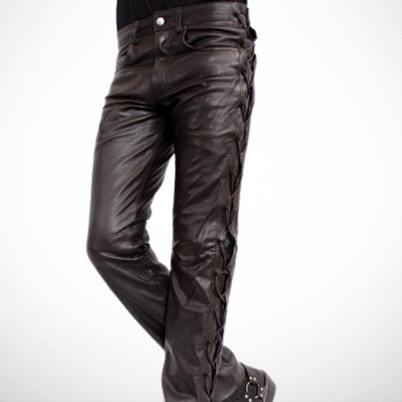 Men's Black Lace-up Leather Pants - Slim Fit Biker Motorcycle
