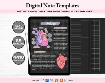 May include: A digital note template with a dark background and a grid pattern. The template features a diagram of the human heart with labels and text about the structure and function of the heart. The text "Biology" is at the top of the template. The template is designed for use with digital note-taking apps.