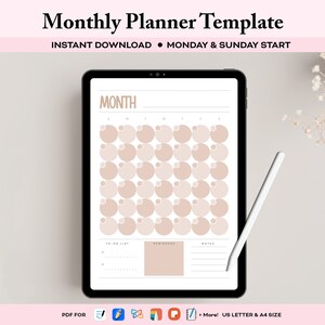 plantilla de planificador mensual, página de planificador mensual, planificador digital mensual, planificador mensual sin fecha, plantilla de goodnotes, plantilla de notabilidad