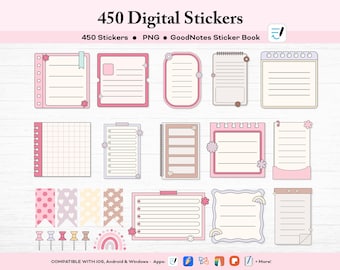 450 Digital Planner Stickers, Pink, Pastel, Boho (PNG, GoodNotes)