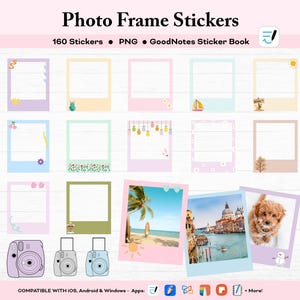 Pode incluir: Um conjunto de 160 adesivos digitais de molduras para fotos para GoodNotes. Os adesivos são de várias cores e apresentam diferentes designs, incluindo flores, um veleiro, uma palmeira e um cachorrinho. Os adesivos são compatíveis com iOS, Android e Windows.
