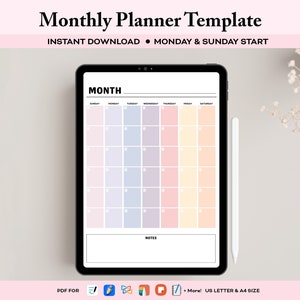 plantilla de planificador mensual, página de planificador mensual, planificador digital mensual, planificador mensual sin fecha, plantilla de goodnotes, plantilla de notabilidad