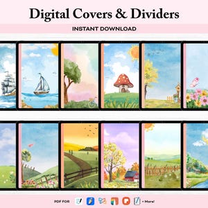 May include: A set of 10 digital planner covers and dividers featuring watercolor illustrations of boats, houses, flowers, and landscapes. The illustrations are in a soft, pastel color palette. The text "Digital Covers & Dividers" and "Instant Download" is displayed at the top of the image.