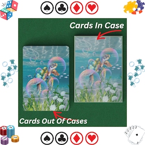 May include: Two playing cards with a sea turtle design. The cards are in a plastic case with the text "Cards In Case" printed on the top. The cards are also shown outside of the case with the text "Cards Out Of Cases" printed below. The cards have a blue, green, and white color scheme.