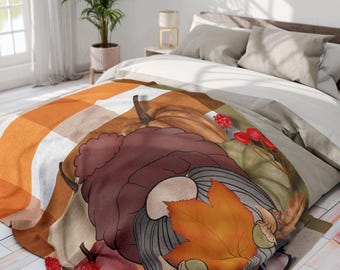 Cozy Autumn Gnome Fleece Blanket: Soft Thanksgiving Throw