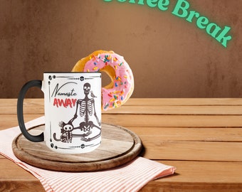 Namaste Skeleton Coffee Mug: Spooky Fall, Halloween & Winter Design. Large ceramic 15 oz.