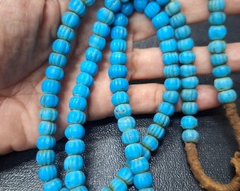 Antique Old Naga Hill Tribe Turquoise Blue Tone Melon Shape GLASS Ethnic bead Necklace strand For Create Jewelry collectible