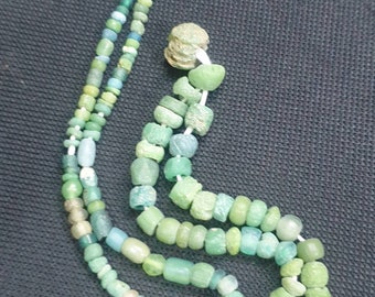 Ancient Original Roman Green Glass Beads Trade Winded Beads Necklace Strand Melon Pendant