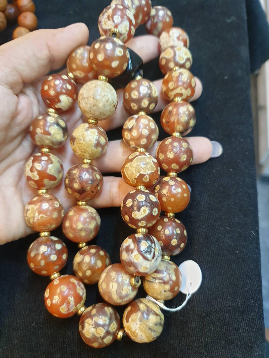 Ancient Etched Carnelian Waves Soccer, nectar , Eye , Longevity dzi bead Lotus Himalayas Prayer Bead Necklace 33 beads