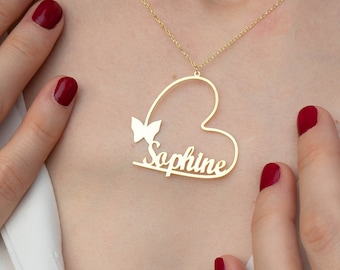 Personalized 14K Gold Heart Name Necklace, Custom Heart Name Necklace with Butterfly, Personalized Jewelry, Custom Jewelry For Anniversary