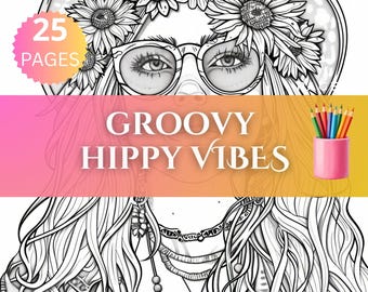 Vintage hippie kleurplaten voor volwassenen en tieners Retro boho groovy illustraties vrede en liefde ontwerpen Instant Digitale Download