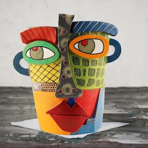 Handmade Vibrant Abstract Face Resin Flower Pot | Art Retro Unique Tabletop Decor for Living Room & Garden | Colorful Vase for Home Styling