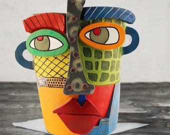 Handmade Vibrant Abstract Face Resin Flower Pot | Art Retro Unique Tabletop Decor for Living Room & Garden | Colorful Vase for Home Styling