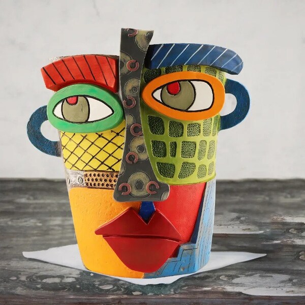 Handmade Vibrant Abstract Face Resin Flower Pot | Art Retro Unique Tabletop Decor for Living Room & Garden | Colorful Vase for Home Styling