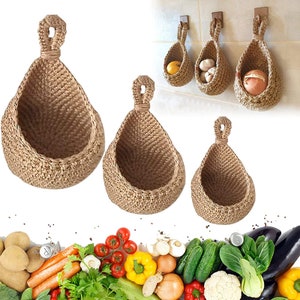 Handcrafted Jute Wall Hanging Baskets - Kitchen & Vegetable Storage-Farmhouse Decor -Rustic Organizer for Stylish Kitchen Decor-Eco-Friendly