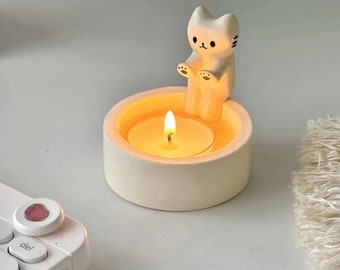 Cute Kitten Candle Holder- HandMade- Novelty Cat Decor for Desk - Artistic Cat Design Candle Holder - Perfect for Cat Lovers Home Decor