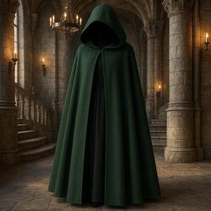Può includere: Un mantello con cappuccio verde scuro dal design fluido. Il mantello è esposto in un ambiente di castello di pietra con una scala e candele accese. Il mantello è di colore uniforme e ha un cappuccio.