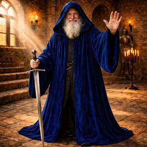 May include: A person in a long, hooded, royal blue velvet robe, holding a silver sword. The person has a long white beard and is waving. The background is a stone castle interior with candles and a window.
