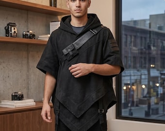 Poncho con capucha negro: estilo asesino medieval, ropa técnica, estilo postapocalíptico.