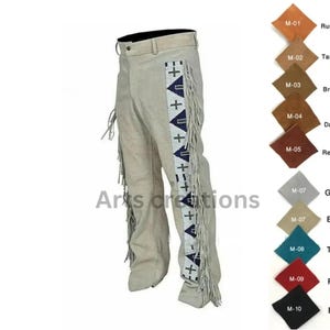 Handcrafted Leather Fringe Pants with Beaded Side Panels – Western & Native Style , Men Rodeo Leather Pant, Men Cowboy Leather Pant,