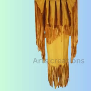 Damen 100% echtes Leder Langes Hochzeit Powwow Regalia Lederkleid Native Traditionelle Maxi Handgefertigte Wildleder Fransen Kleid Western Cowgirl Anzug
