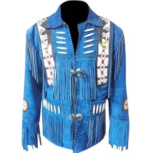 May include: A blue suede jacket with fringe detailing and decorative beadwork. The jacket features a notched collar, long sleeves, and a tie closure. The design includes Native American-inspired patterns and embellishments.
