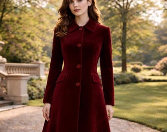 Maroon Velvet Coat, Elegant Women's Winter Outerwear, Vintage Style