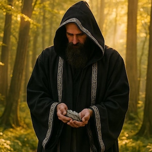 Può includere: Una veste nera con cappuccio e finiture dorate, indossata da una persona in una foresta. La veste presenta motivi decorativi sui bordi e sul cappuccio. La persona tiene in mano delle piccole pietre.