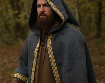 Wool Viking Cloak: Medieval Norse Hooded Cape with Gold Trim