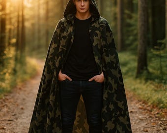 Cotton Camo Hooded Cloak, LARP Ranger Costume Cape