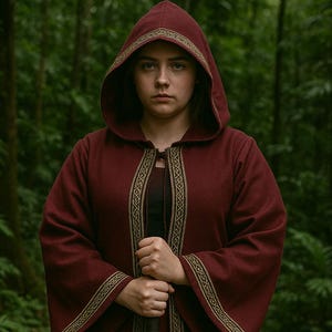 Adult Celtic Robe with Hood and Sleeves & Jacquard Trim | Medieval Sorcerer Cloak, Viking Cape, Wizard, Renaissance Cosplay LARP Costume