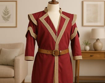 Maroon Medieval Tunic: Cotton Renaissance Fair Costume with Gold Trim