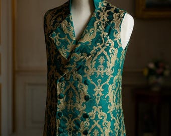 Luxury Emerald Green Brocade Vest - Victorian Steampunk Waistcoat, Baroque Embroidered Double-Breasted Vest