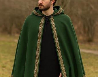 Green Wool Viking Cloak: Celtic Knot Trim, Medieval Norse Cape