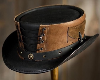 Steampunk Leather Top Hat with Gear Accent | Brown & Black Gothic Cosplay Hat