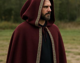 Maroon Wool Viking Cloak: Celtic Knot Hooded Norse Cape