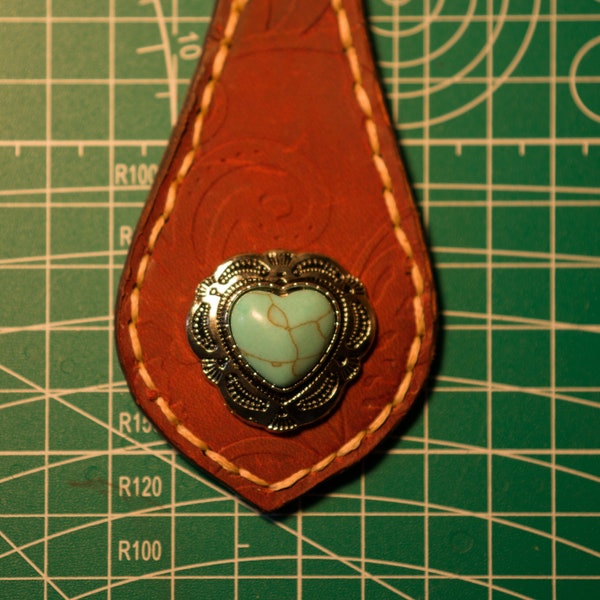 Handmade Red Leather Keychain with Heart Concho Embellishment and Lightly Embossed - Free Shipping