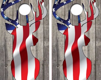 American Flag Deer Head Cornhole Wrap Decal with Free Laminate Included