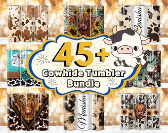 45 + Cowhide Tumbler Wrap Designs Bundle, Cowhide Heifer Cowgirl Sublimation Tumbler, Boho Cow Skull Tumbler, Cow Fur Print, CowHide PNG