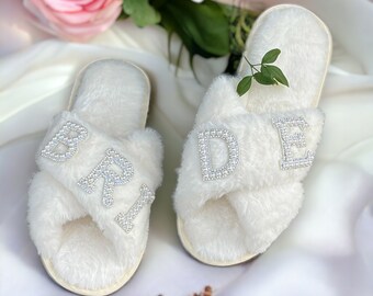 Faux Fur Bride Slippers| I Do Slippeers|Customized Slippers|Peal Rhinestone Slippers