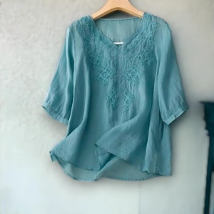 Women Summer Cotton V-neck Embroidery Loose Top, Embroidered Women's Blouse, Gifts for Mum, Traditional blouse, Women's Clothing