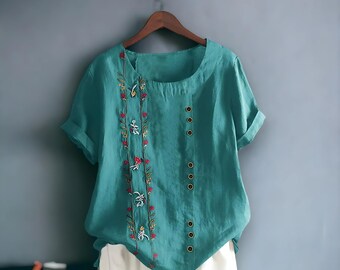 Katoen-linnen borduurwerk damesoverhemden: elegante vintage bloemen korte mouw, casual werkkleding tops blouses, zomernieuw, 5XL - veelkleurig