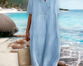 Stilvolles Leinenkleid mit V-Ausschnitt für den Sommer, trendige Damenmode, Kurzarm, lässige lockere Passform, komfortabler, schicker Look, Baumwoll-Leinenbekleidung.